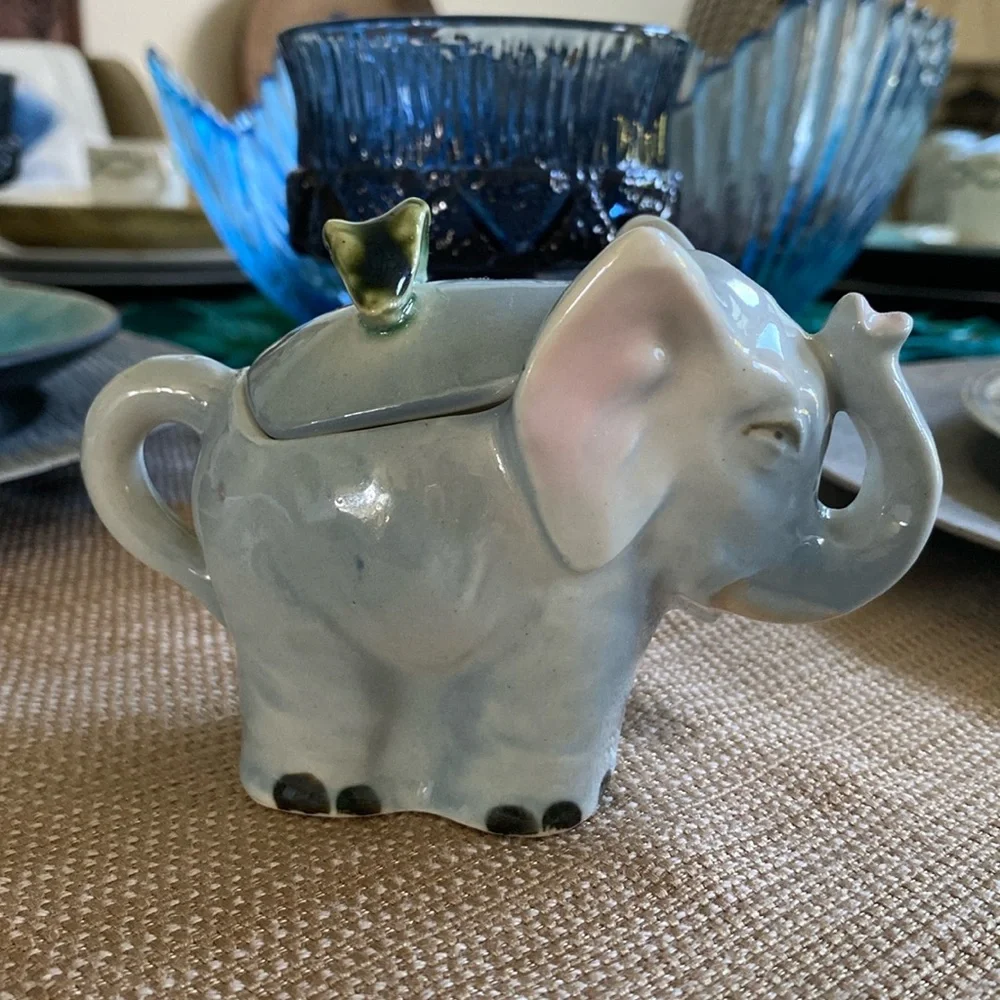 Vintage Ceramic “Trunks Up” Elephants Lidded Sugar Bowl & Creamer